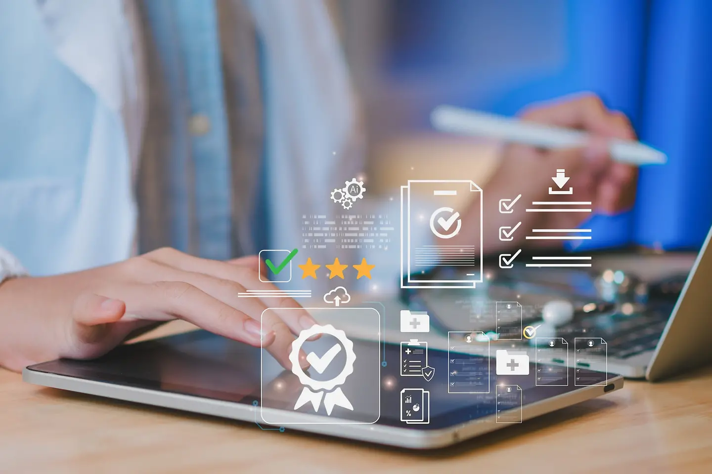AI-generated image - Medical professional use tablet and stylus, showing stethoscope, approval icon, document