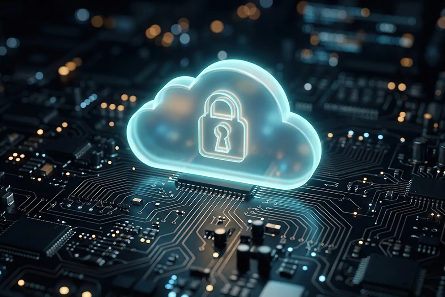 Image générée par lIA - Cadenas dans un nuage flottant au-dessus d’un circuit imprimé
