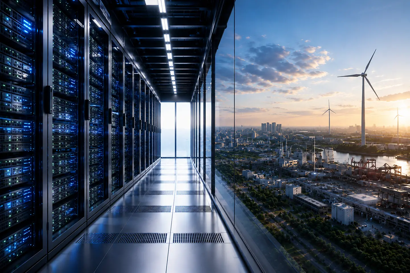 KI-generiertes Bild - Rechenzentrum, KI-Computing. Server-Racks verarbeiten KI-Workloads in einer Hochleistungsanlage