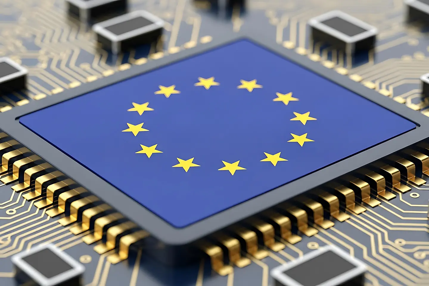 KI-generiertes Bild - Leuchtende EU-Karte im Leiterplatten-Design mit digitalen Verbindungen der Mitgliedsstaaten