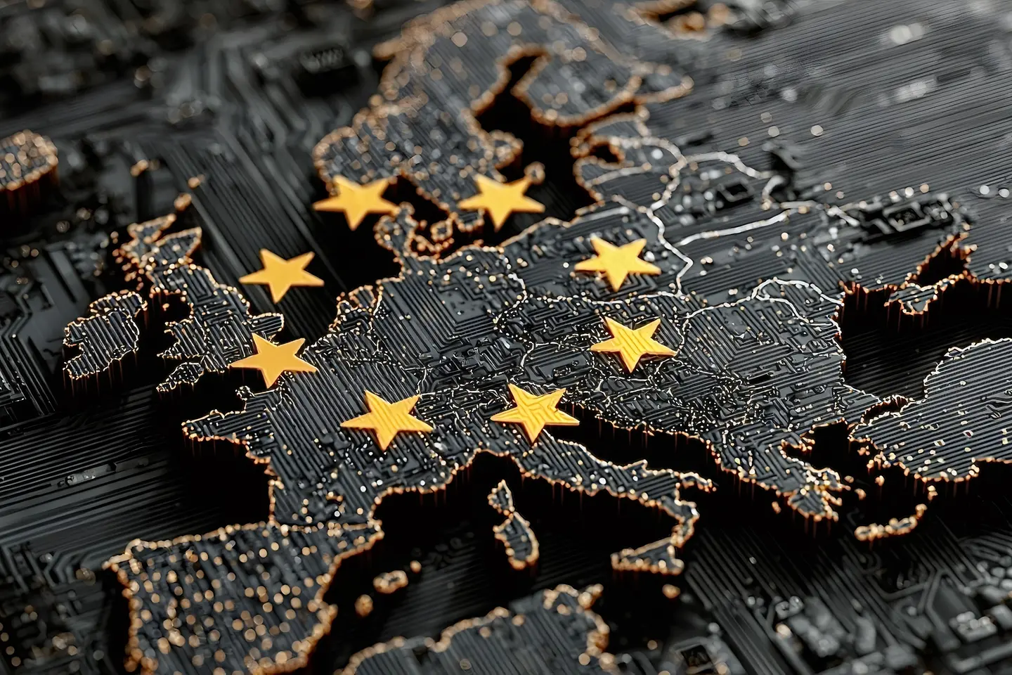 Leuchtende EU-Karte im Leiterplatten-Design mit digitalen Verbindungen der Mitgliedsstaaten