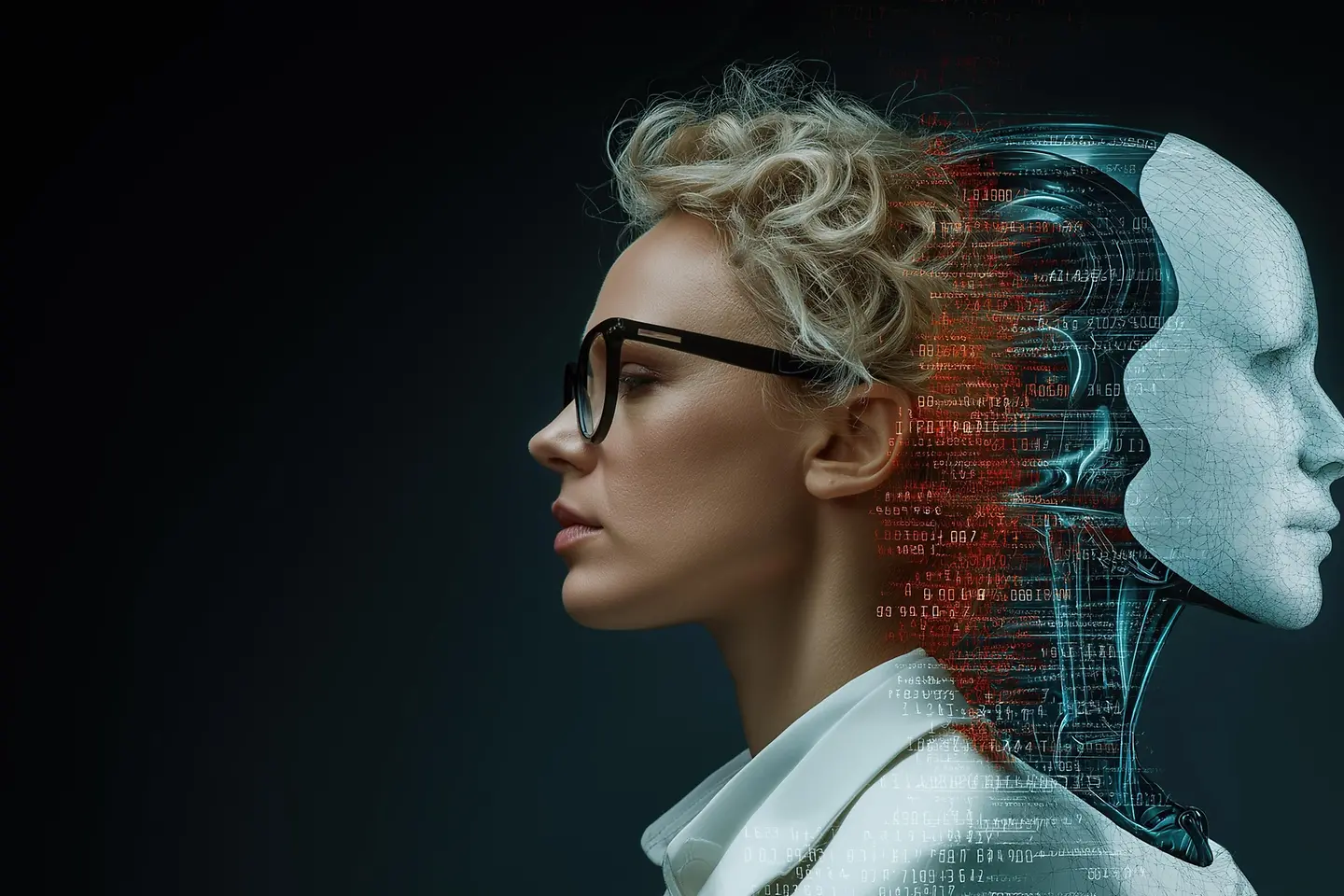 KI-generiertes Bild - Ein futuristischer humanoider KI-Agent und ein Mensch arbeiten mithilfe agentischer AGI-Technologie zusammen