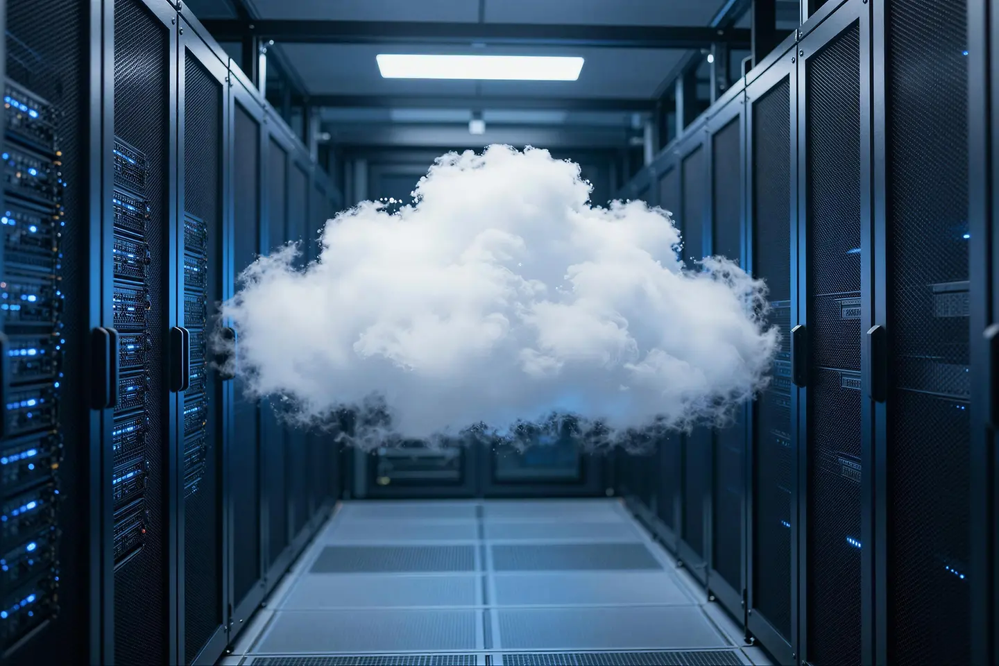 Ein futuristisch gestalteter Serverraum mit langen Reihen von Servern und einer großen Darstellung einer Cloud