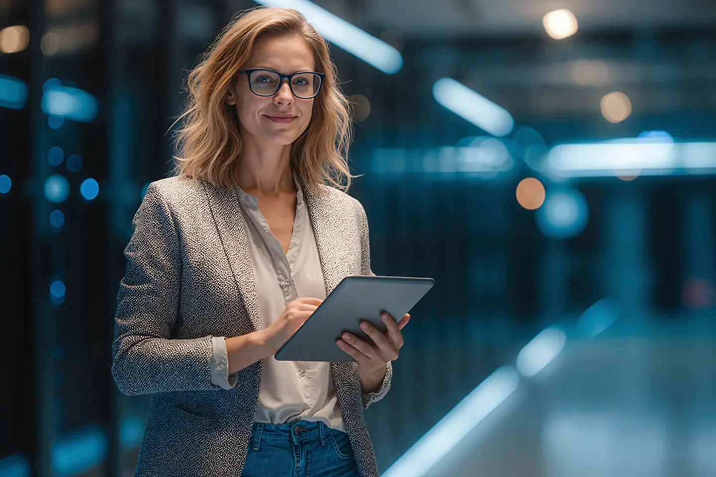 KI-generiertes Bild - Cloud Expertin analysiert Daten in Rechenzentrum