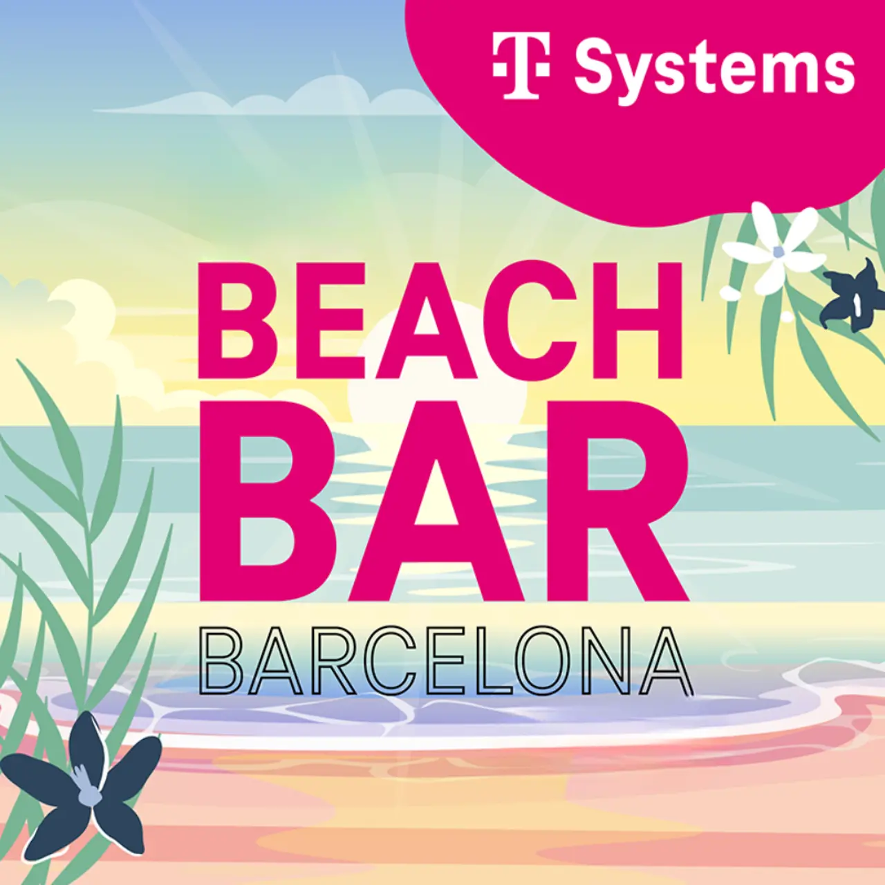 Beach Bar Barcelona von 08. bis 12.11.2026, Strand und Sonnenuntergang sowie Palmen in Comic-Style