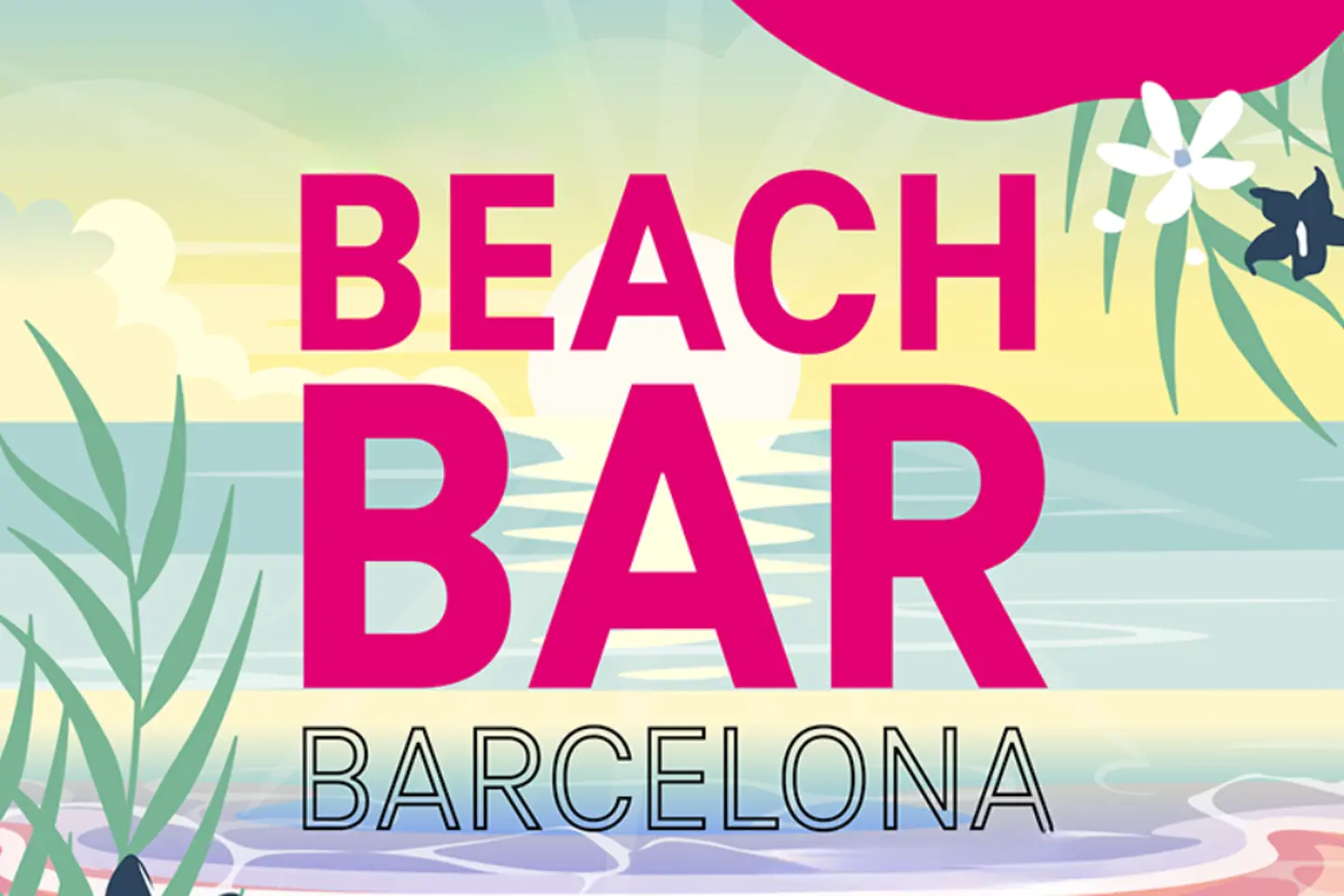 Beach Bar Barcelona von 08. bis 12.11.2026, Strand und Sonnenuntergang sowie Palmen in Comic-Style