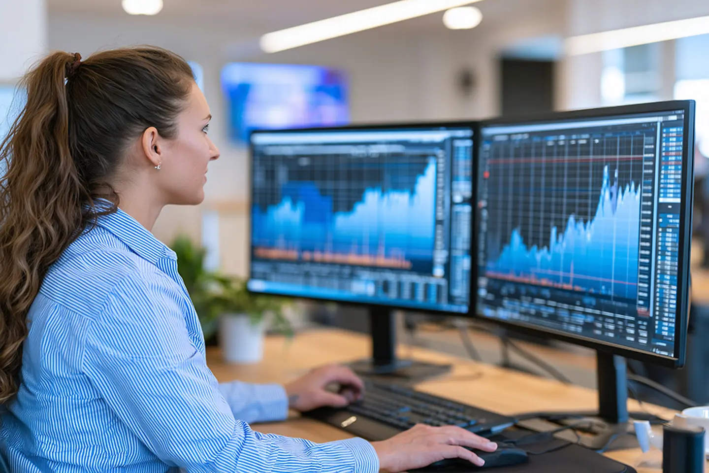 Een medewerker van een bedrijf werkt samen met een AI-assistent aan financiële prognoses