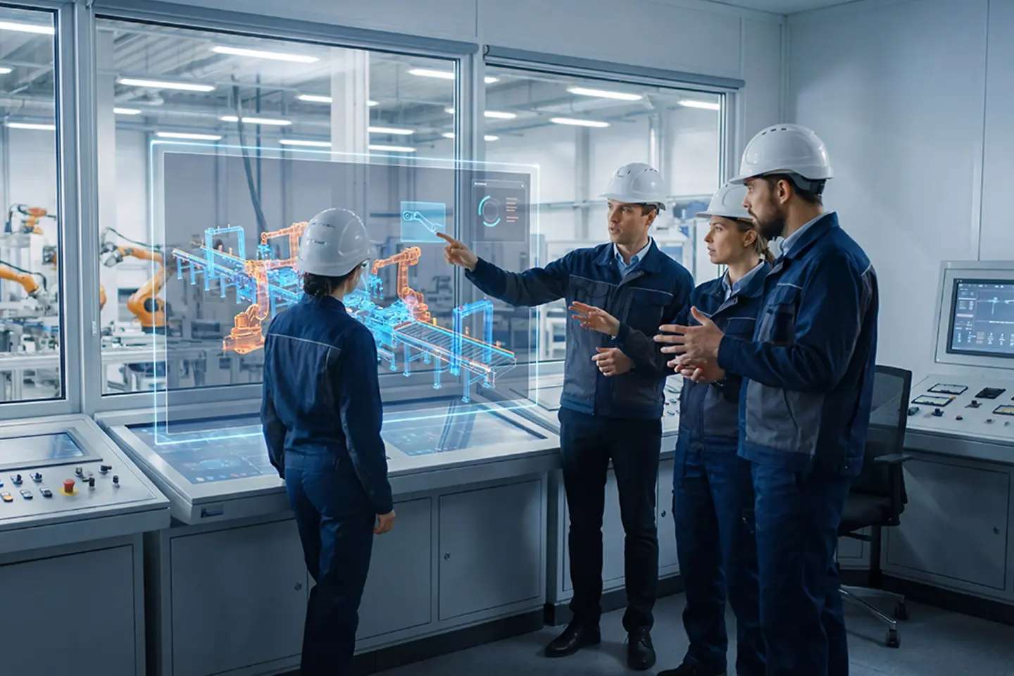  Ingenieurteam überwacht den Fertigungsprozess mit Augmented-Reality-Schnittstelle.