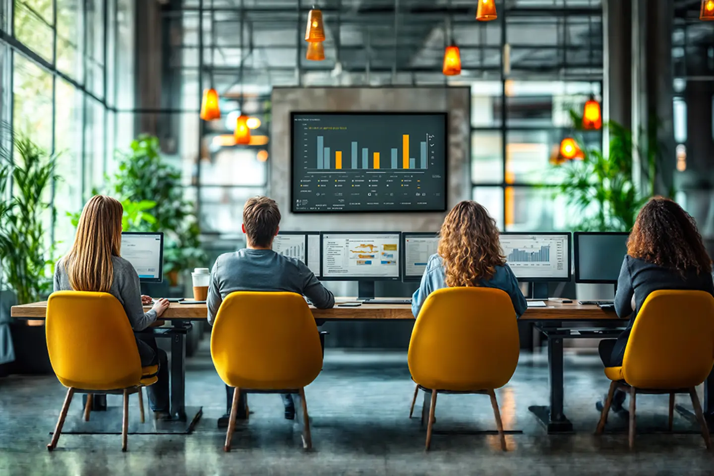 KI-generiertes Bild - Kollaborativer Arbeitsbereich mit einem vielfältigen Team, das in einer modernen Büroumgebung Daten auf Bildschirmen analysiert