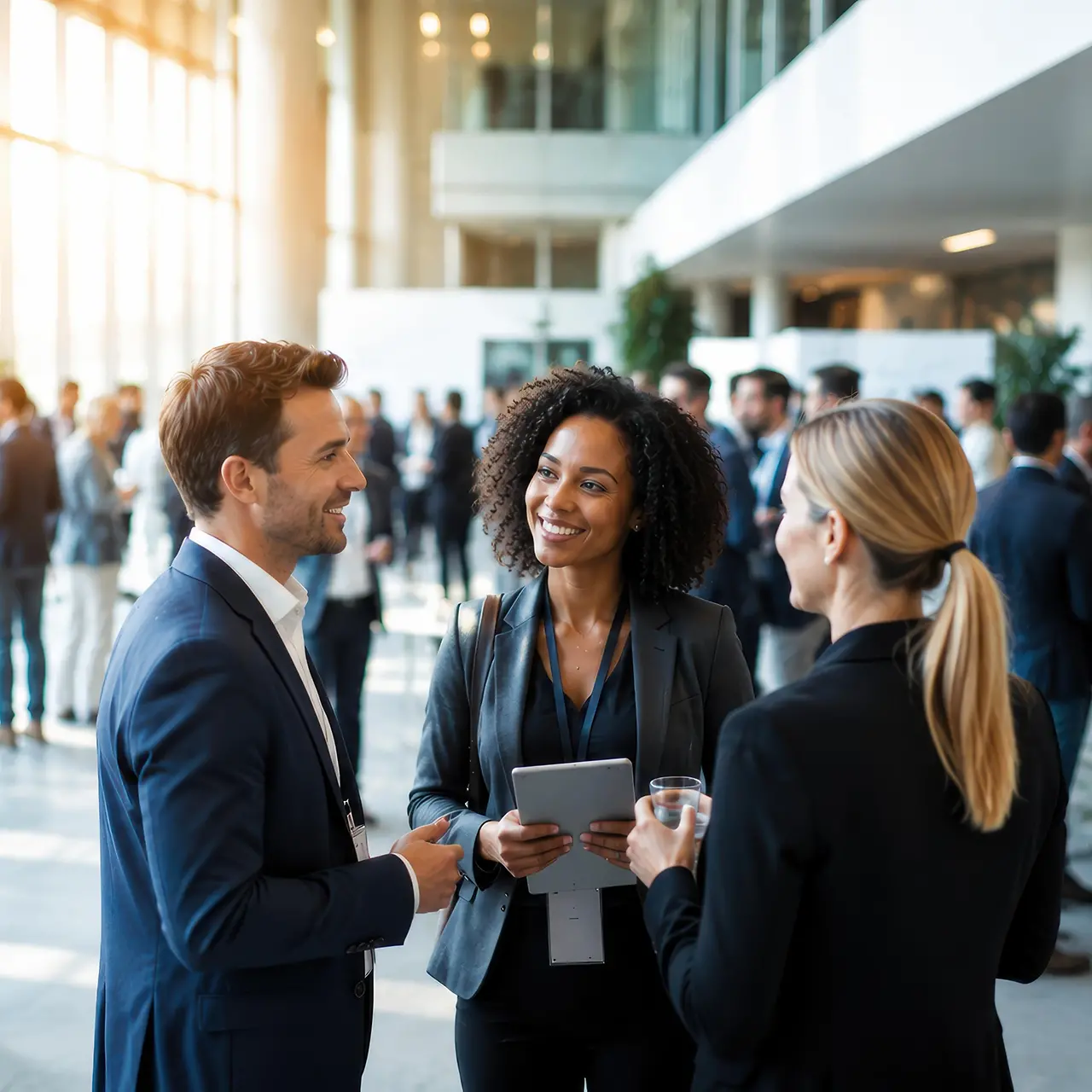 KI-generiertes Bild - Heller, moderner Veranstaltungsort mit zahlreichen Geschäftsleuten beim Networking.