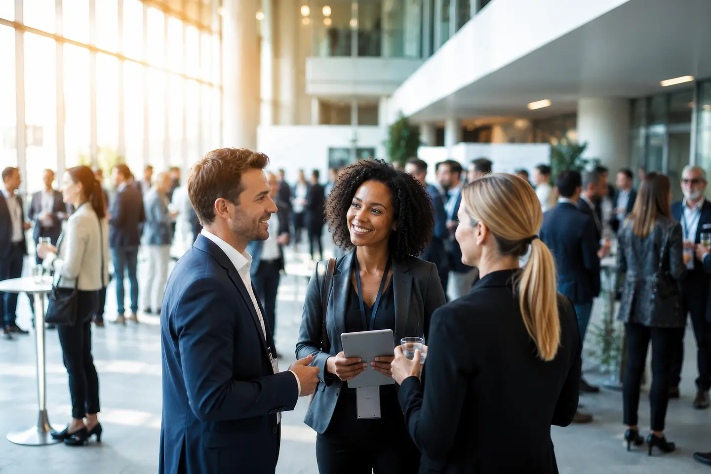 KI-generiertes Bild - Heller, moderner Veranstaltungsort mit zahlreichen Geschäftsleuten beim Networking.