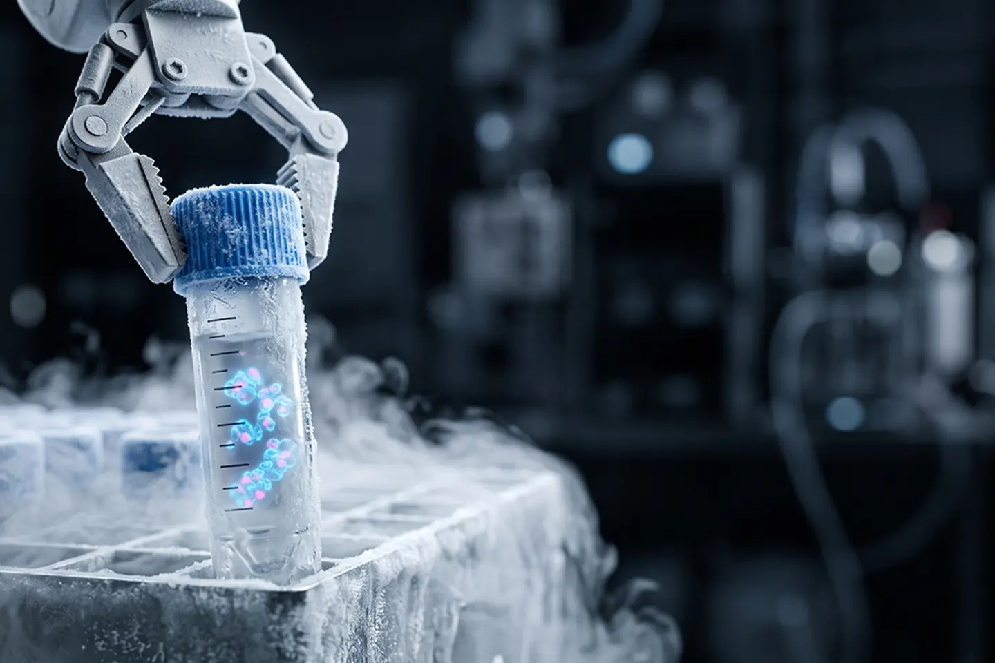 KI-generiertes Bild - Roboterarm, der ein Crio-Vial entnimmt