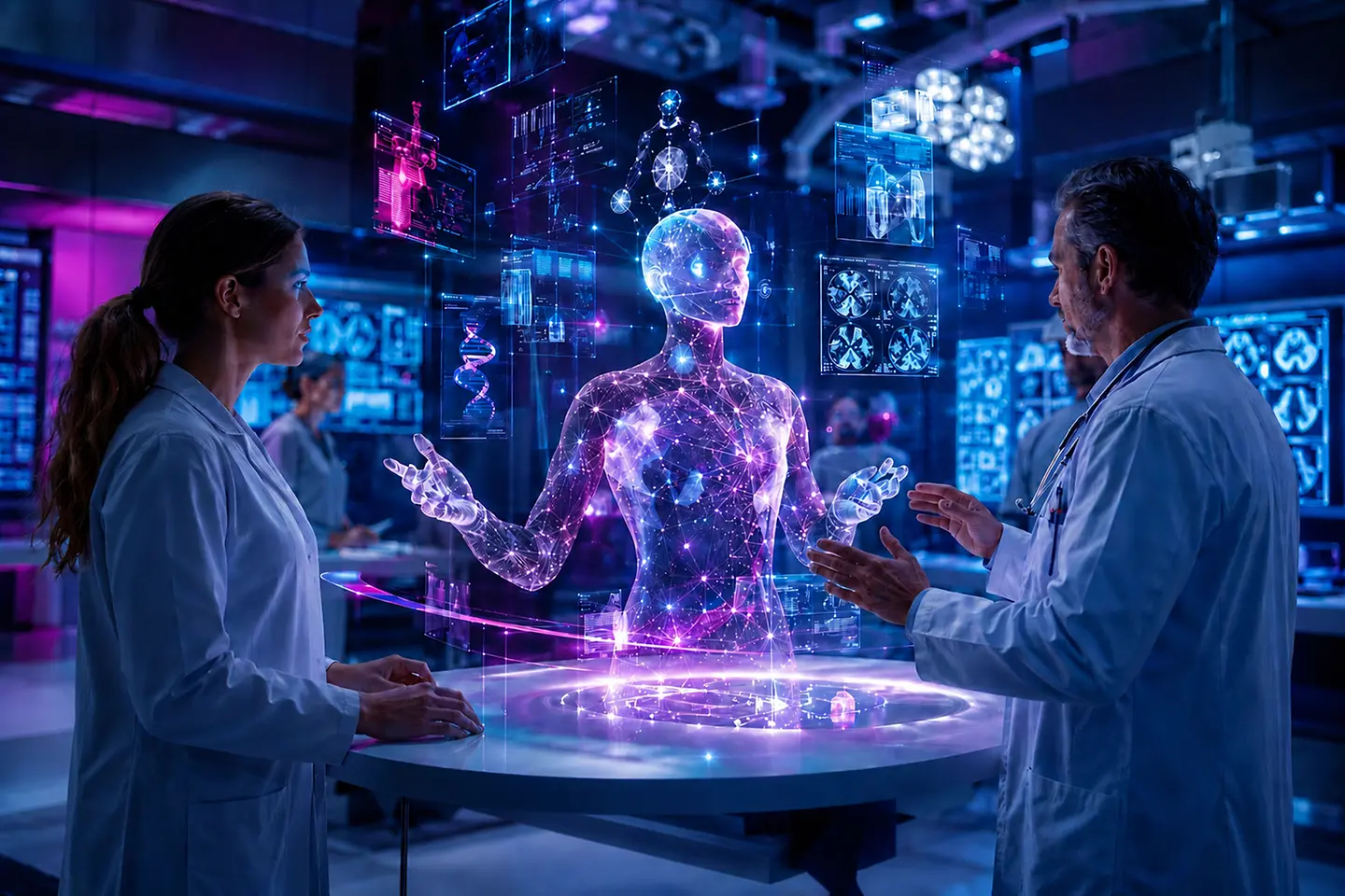 AI-generated image - Two doctors examine virual model of a human in futuristic lab