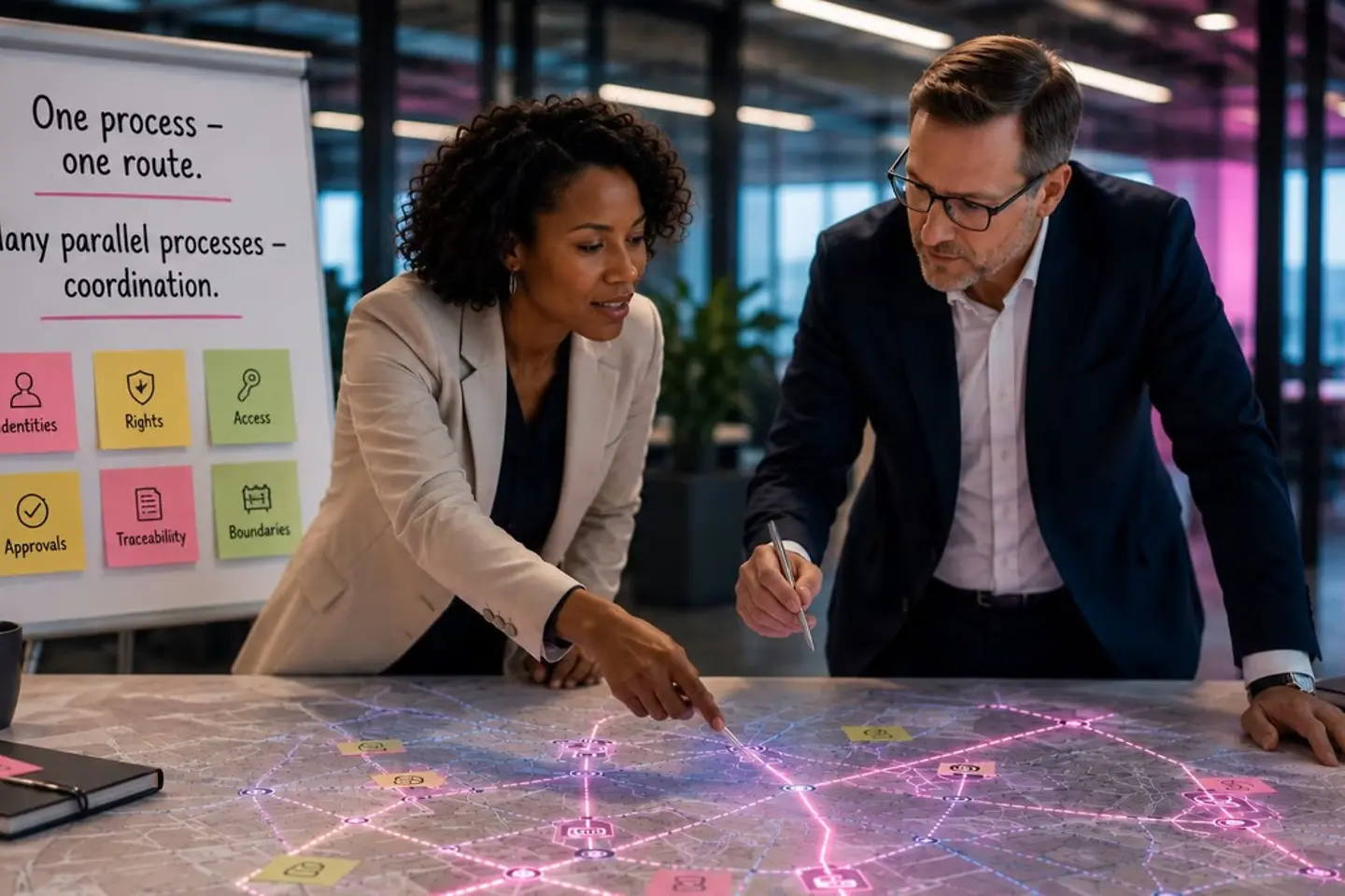 AI-generated image - Colleagues define a route on a virtual roadmap.