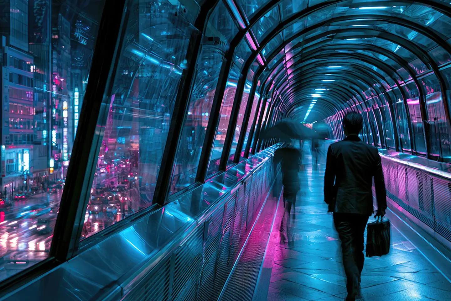 Einsame Figur geht nachts durch eine beleuchtete futuristische Stadtbrücke