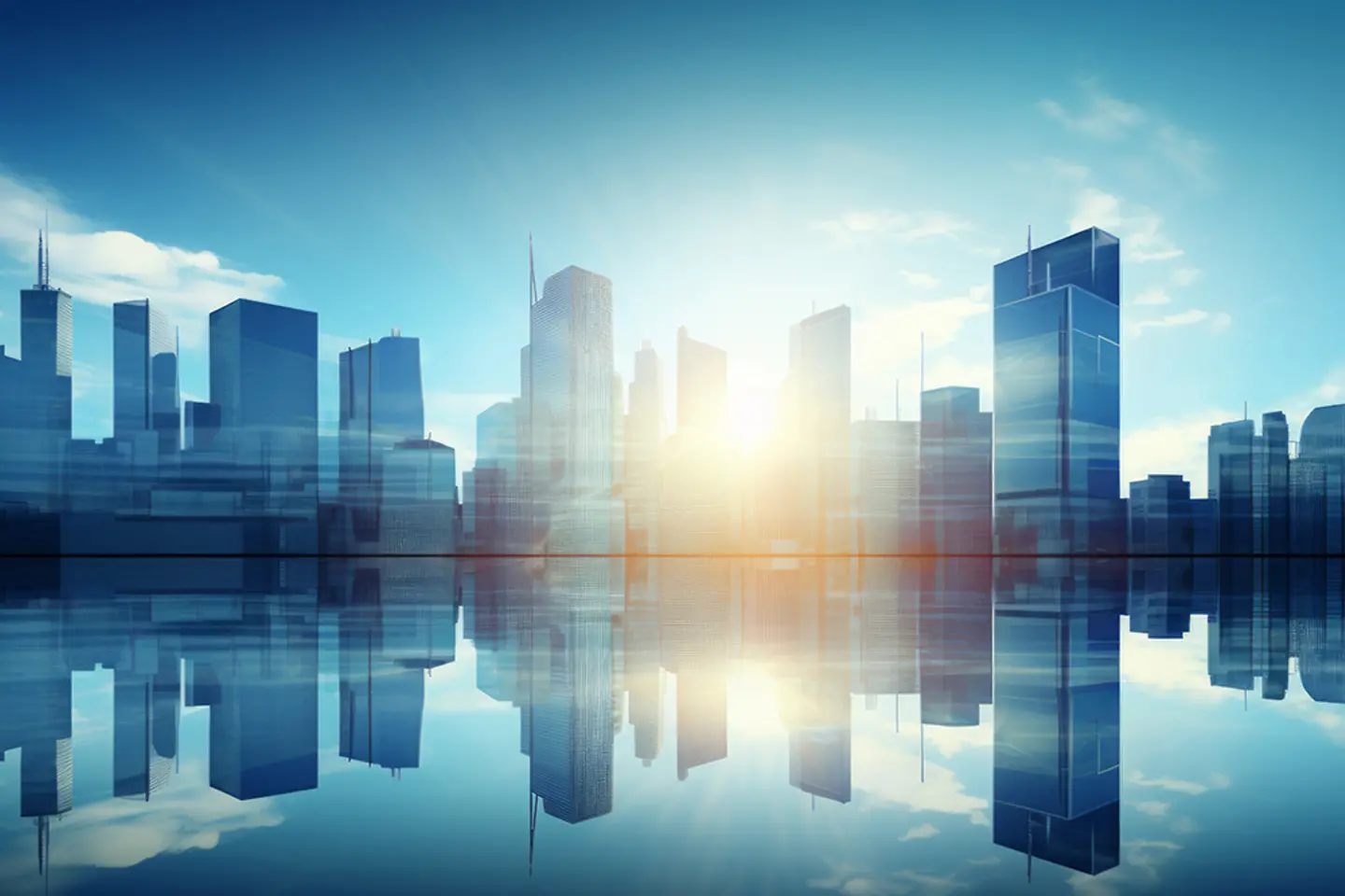 Modern skyscrapers of a smart city, futuristic, with buildings and reflections, blue background with warm sun rays of light