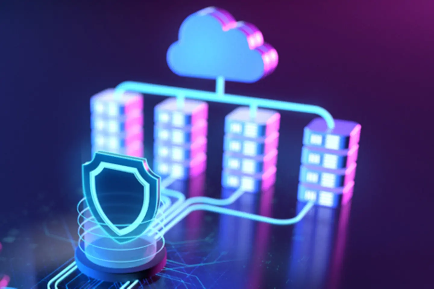 Digital diagram: Man connected to office buildings and cloud via network with protective shield.
