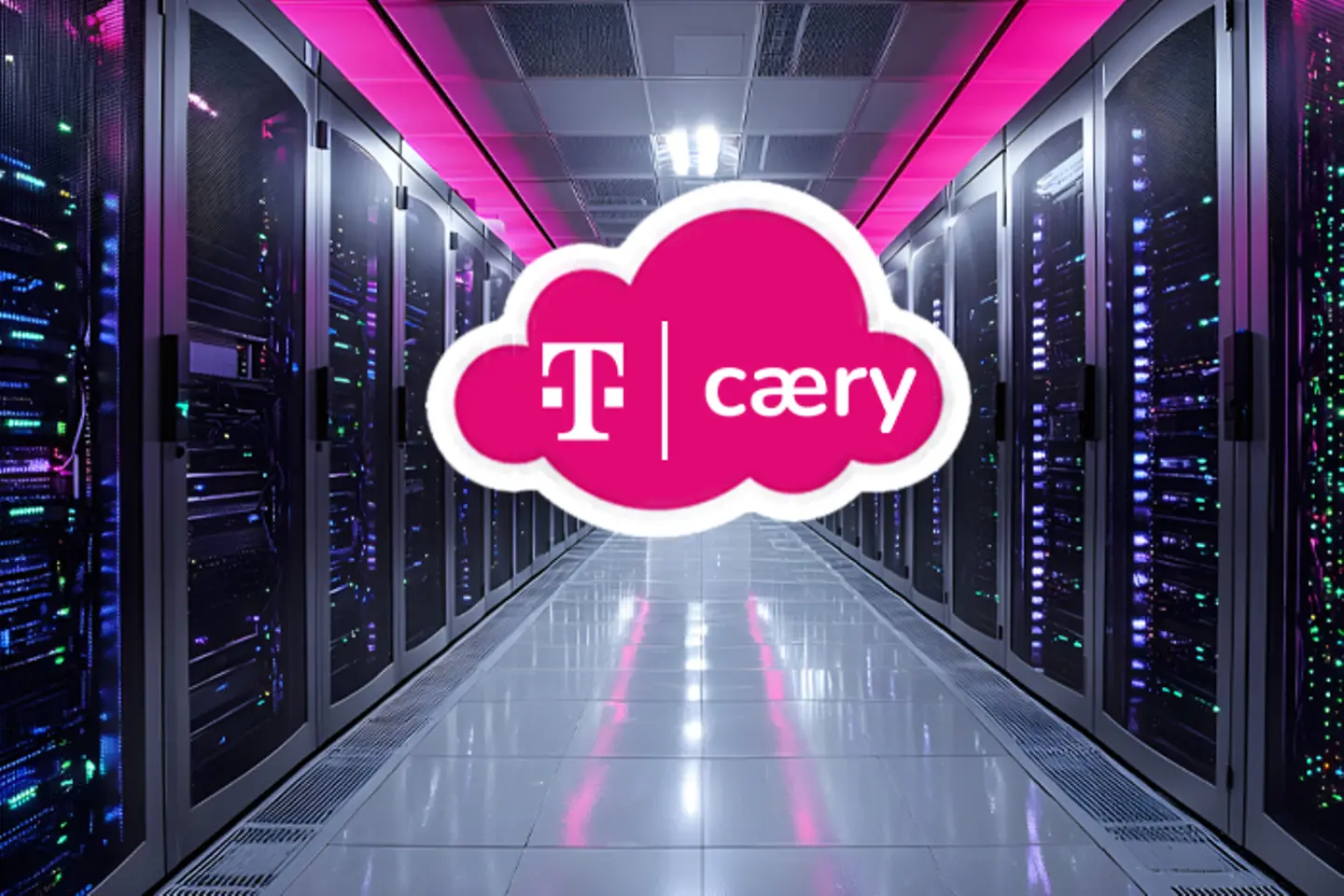 KI-generiertes Bild - Serverraum mit den Logos von T und caery auf einer Wolke