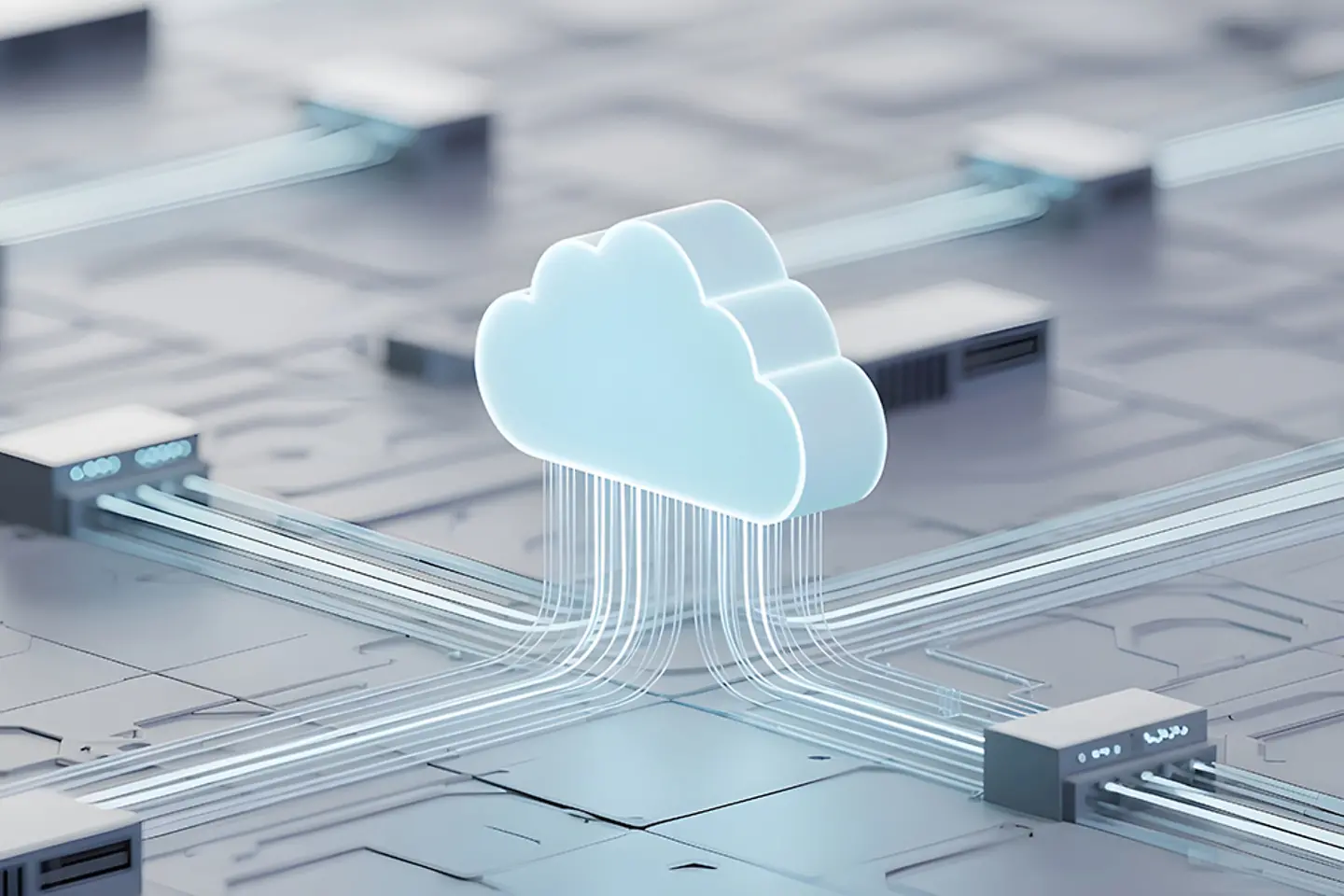 Modern cloud computing concept, glowing cloud icon connected to servers and data lines, clean abstract technology background