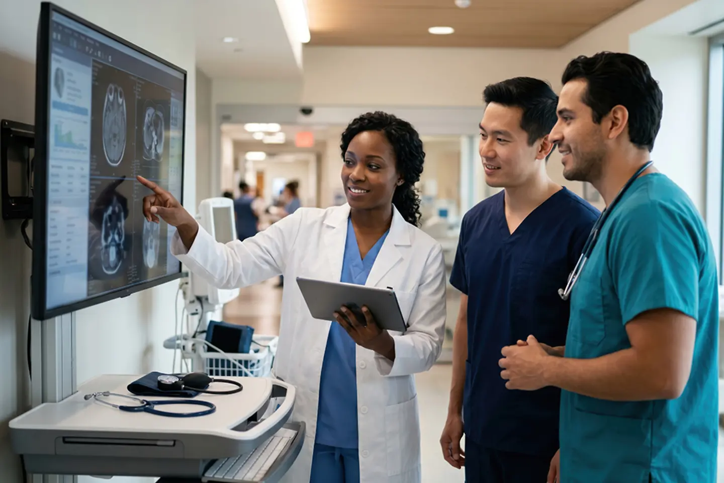 A team of doctors from various specialties discusses the results of a brain MRI on a monitor in a hospital corridor.