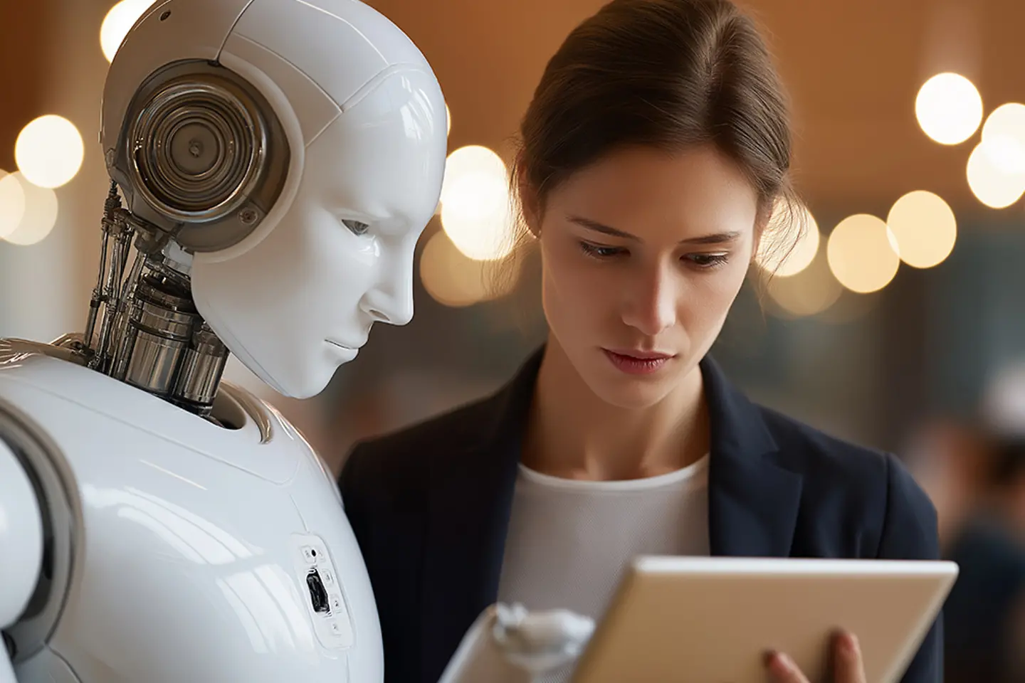 AI-generated image - Humanoid AI agent assisting a business professional at work