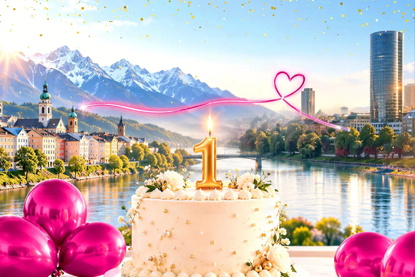KI-generiertes Bild - Das erste Jubiläum feiern – mit Luftballons, Kuchen und einer Kerze; im Hintergrund eine deutsche Stadt.