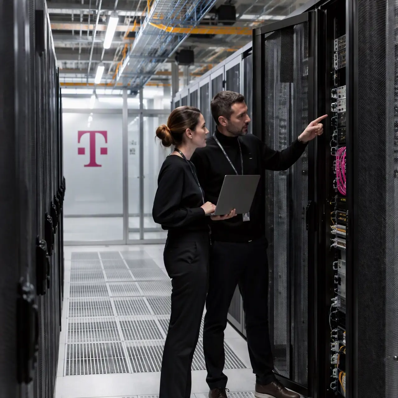 KI-generiertes Bild - Frau und Mann stehen im Datacenter vor dem Rack