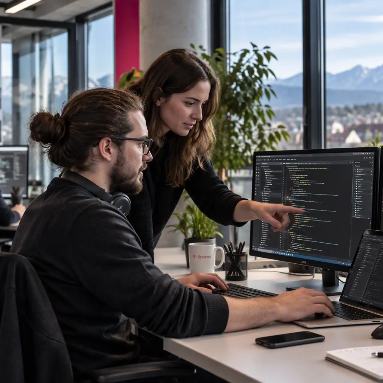 KI-generiertes Bild - Frau und Mann besprechen Code, der auf dem Bildschirm dargestellt ist.