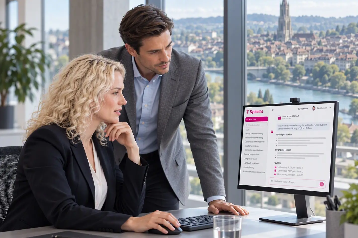 KI-generiertes Bild - Eine Frau und ein Mann schauen auf den Bildschirm im Office.