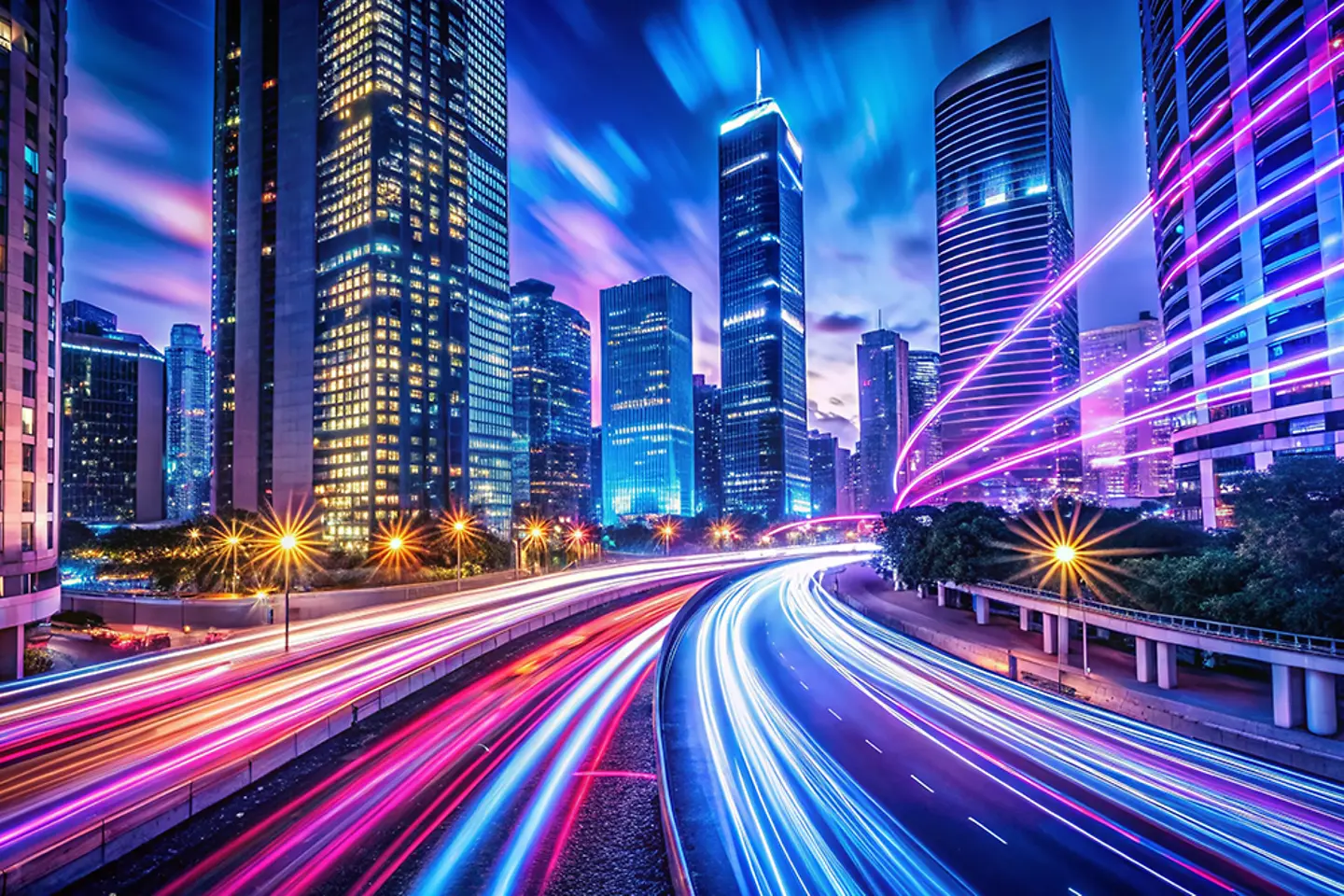 Long exposure with light trails at night, cityscape, urban environment, night photography, abstract.