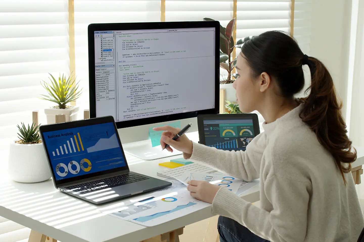 Asia young business woman sit busy at home office desk