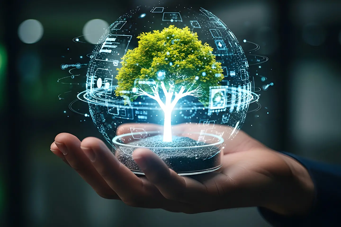AI-generated image - Hand holding digital globe with tree and city network hologram 