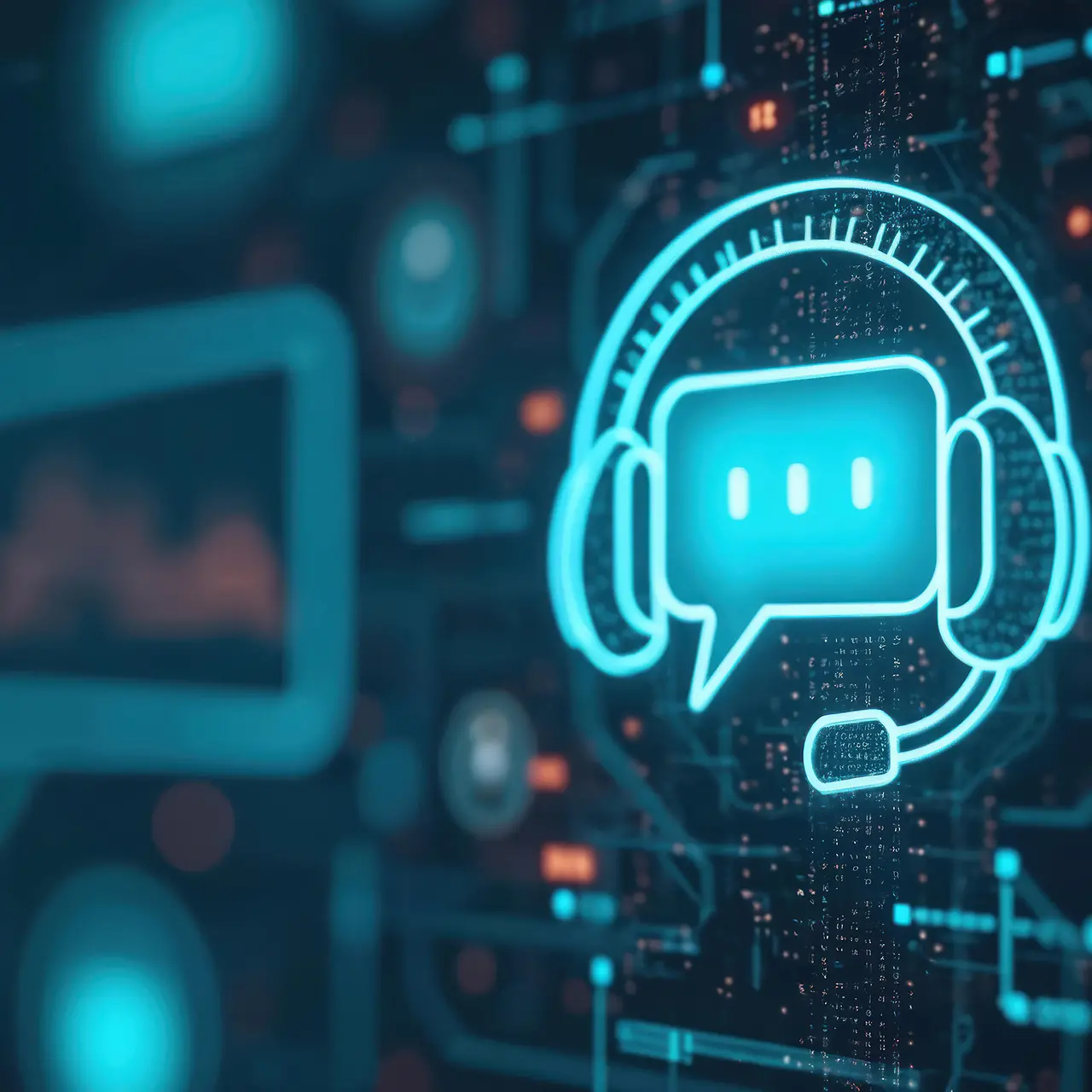 KI-generiertes Bild - Leuchtendes KI-Chatbot-Symbol mit Headset vor futuristischem, digitalem Hintergrund.