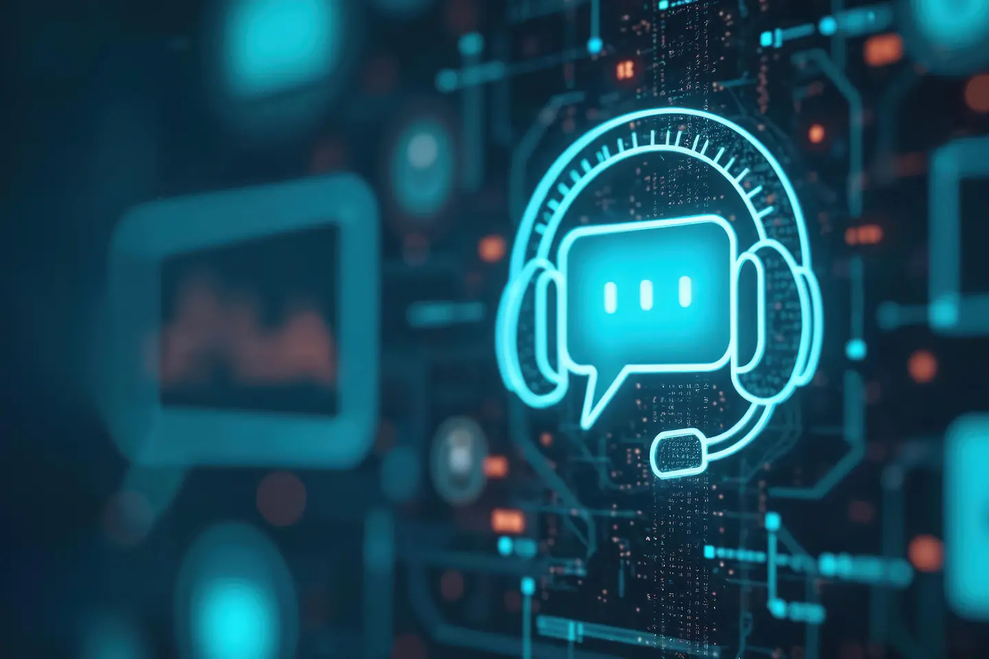 KI-generiertes Bild - Leuchtendes KI-Chatbot-Symbol mit Headset vor futuristischem, digitalem Hintergrund.