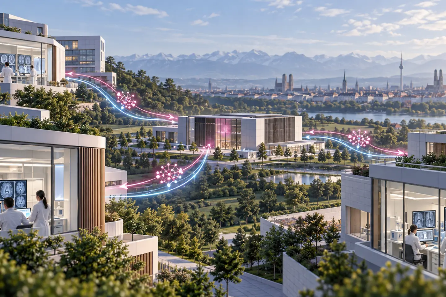 KI-generiertes Bild - Stadtbild mit Gebäuden und Bäumen, Gebäude kommunizieren digital miteinander
