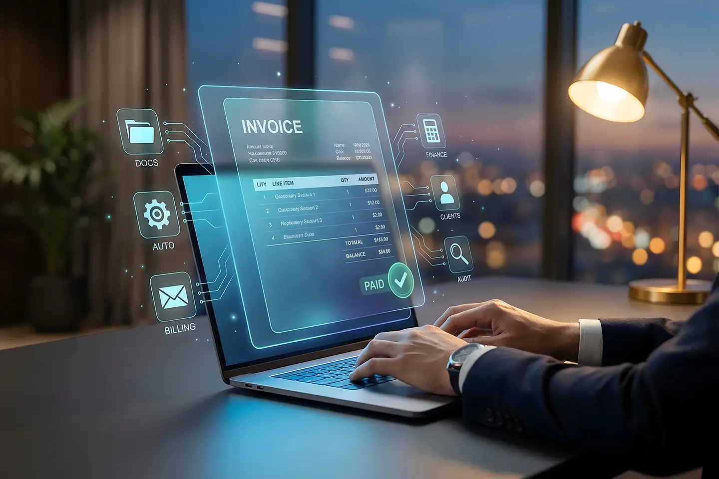 Imagen generada por IA - Concepto de transformación digital en finanzas con un empresario y un panel virtual de facturas