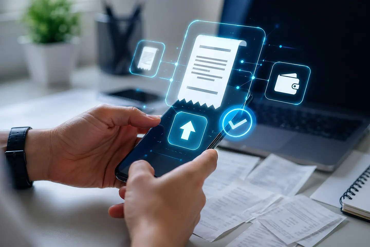 Unas manos sostienen un smartphone que muestra una factura digital e iconos de pago