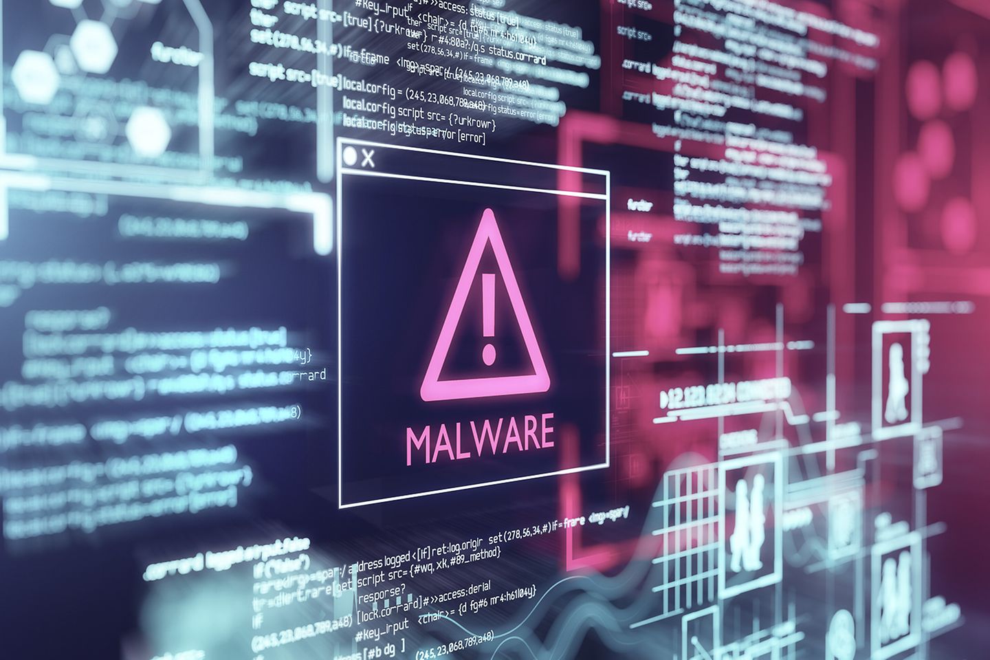 Screen with warning sign about detected malware