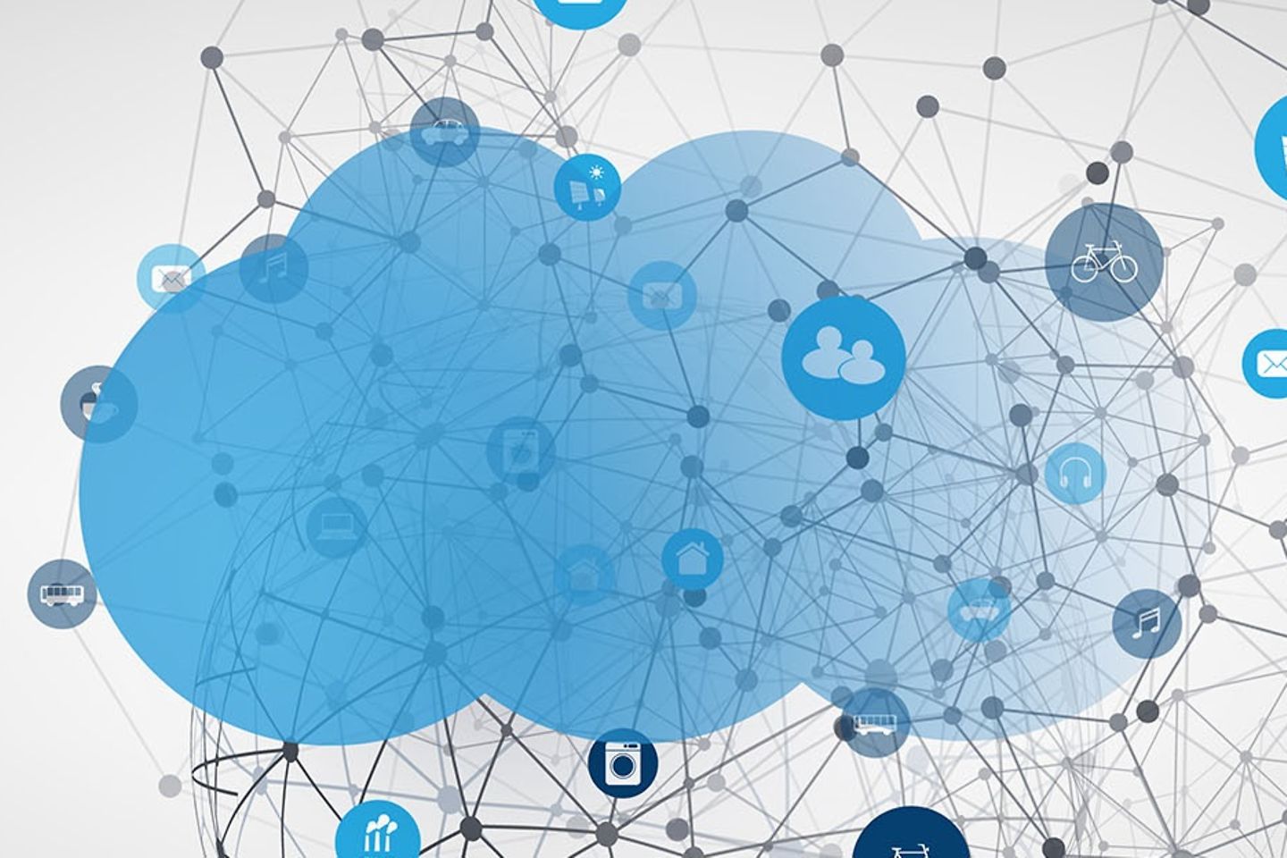 Des icônes tournent autour d’un nuage qui flotte au-dessus d’un globe terrestre sous forme de réseaux.