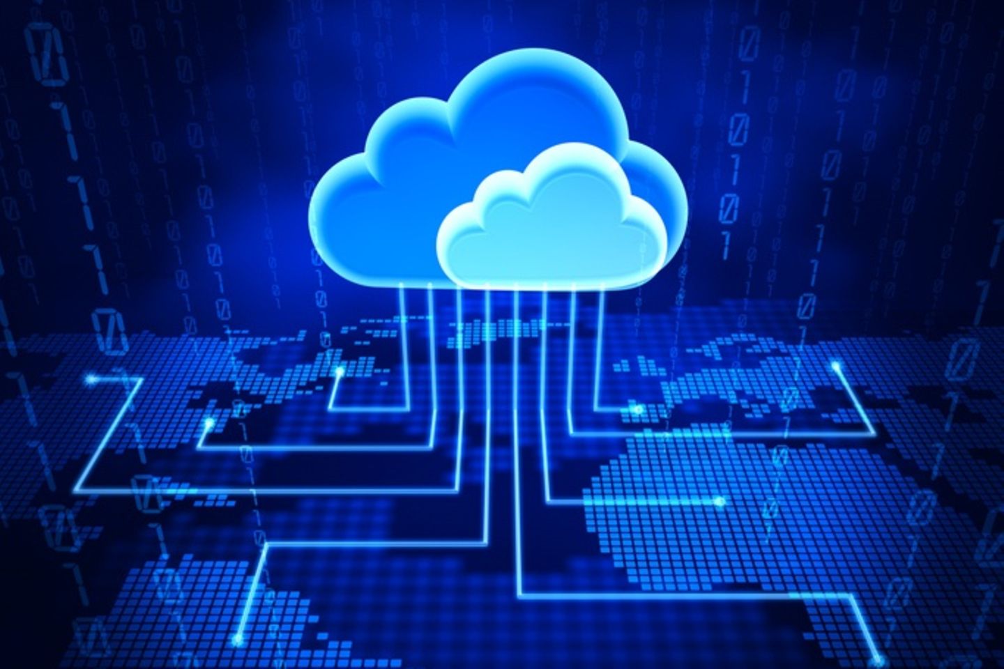 Un graphique virtuel du cloud représentant des lignes rayonnant sur une carte du monde.