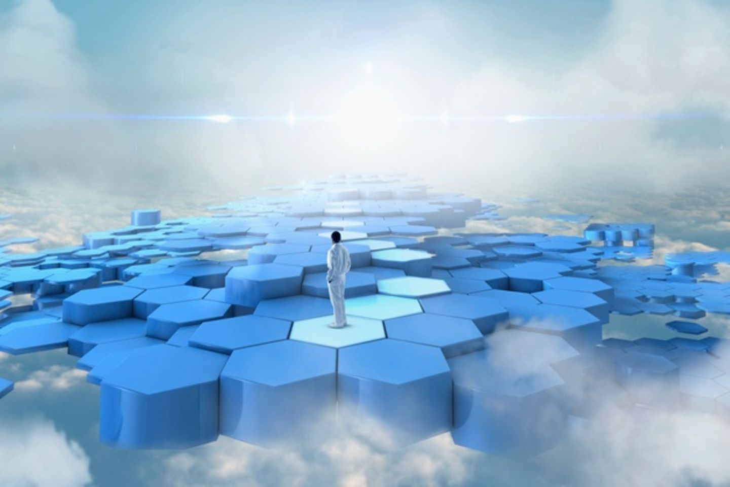 A man in a white suit stands on blue honeycomb blocks floating in the sky.