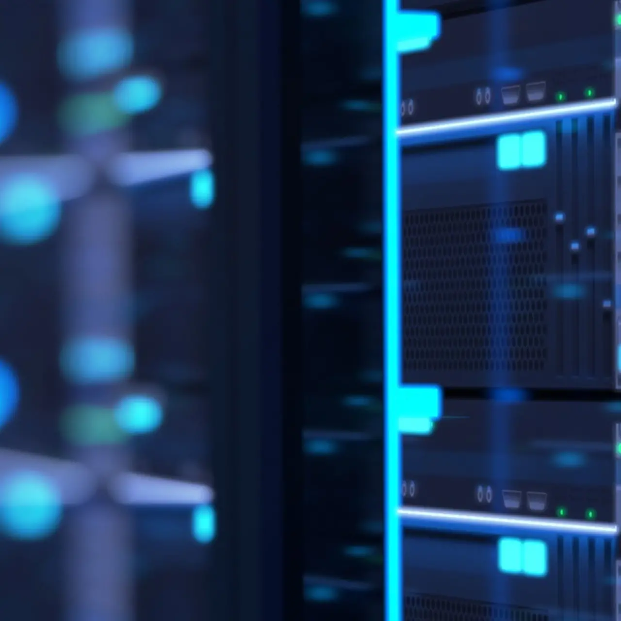 Gang met serverracks met verlichte displays