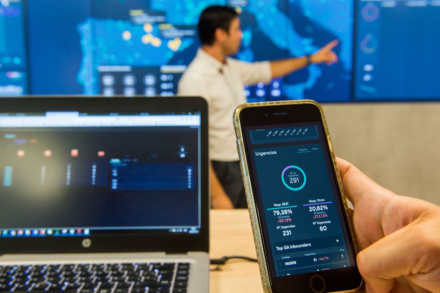 Eine Hand hält ein Smartphone, daneben ein aufgeklappter Laptop, im Hintergrund ein Mann, der auf ein Dashboard zeigt.