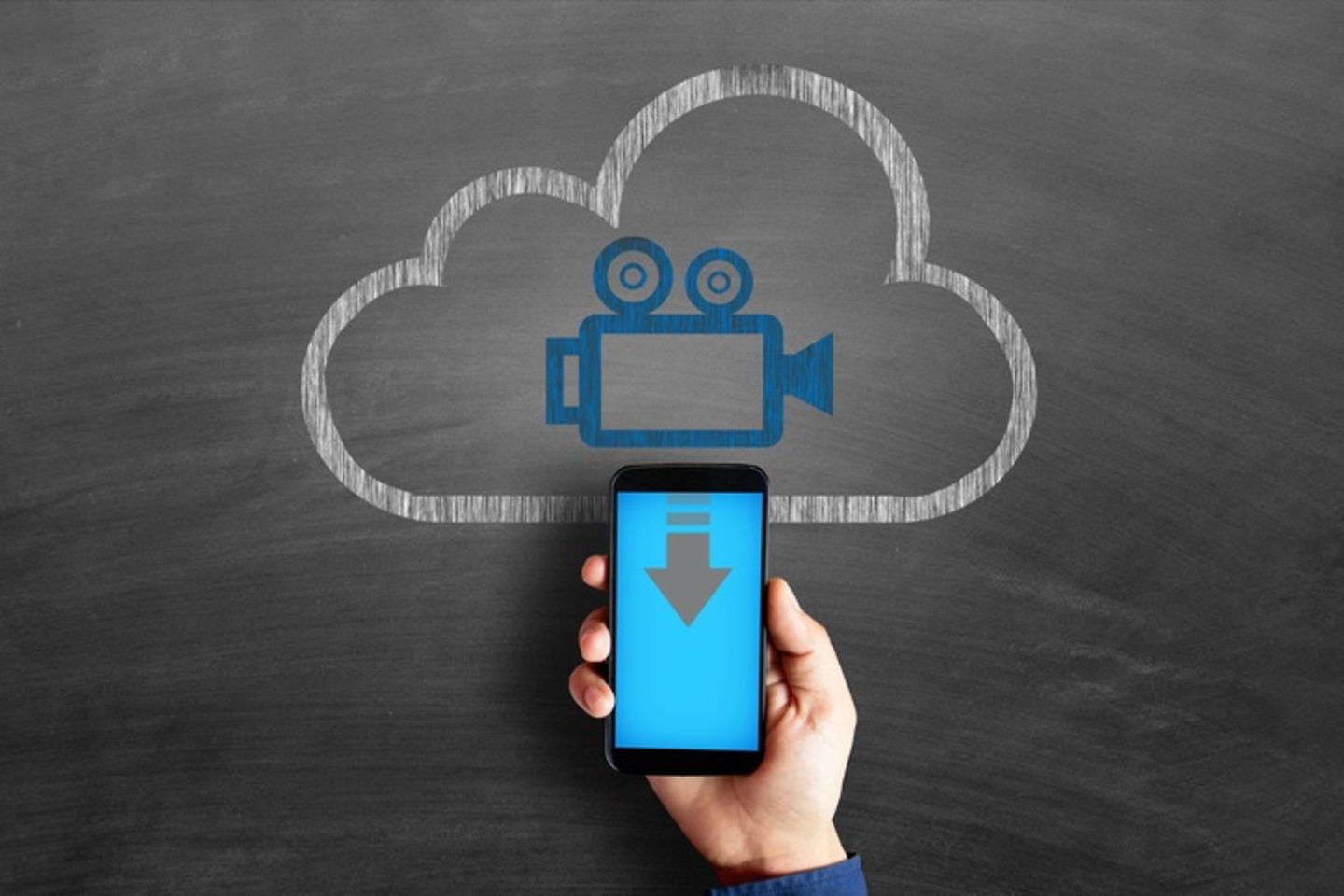 Eine Hand hält ein Smartphone, darüber ist eine Zeichnung von einer Wolke, in der sich eine Filmkamera befindet.
