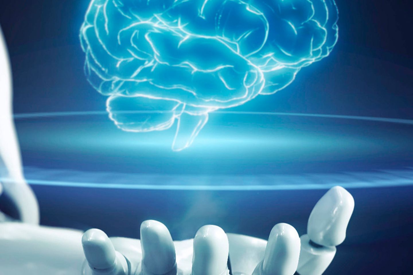A virtual representation of a brain hovers above a robot arm.