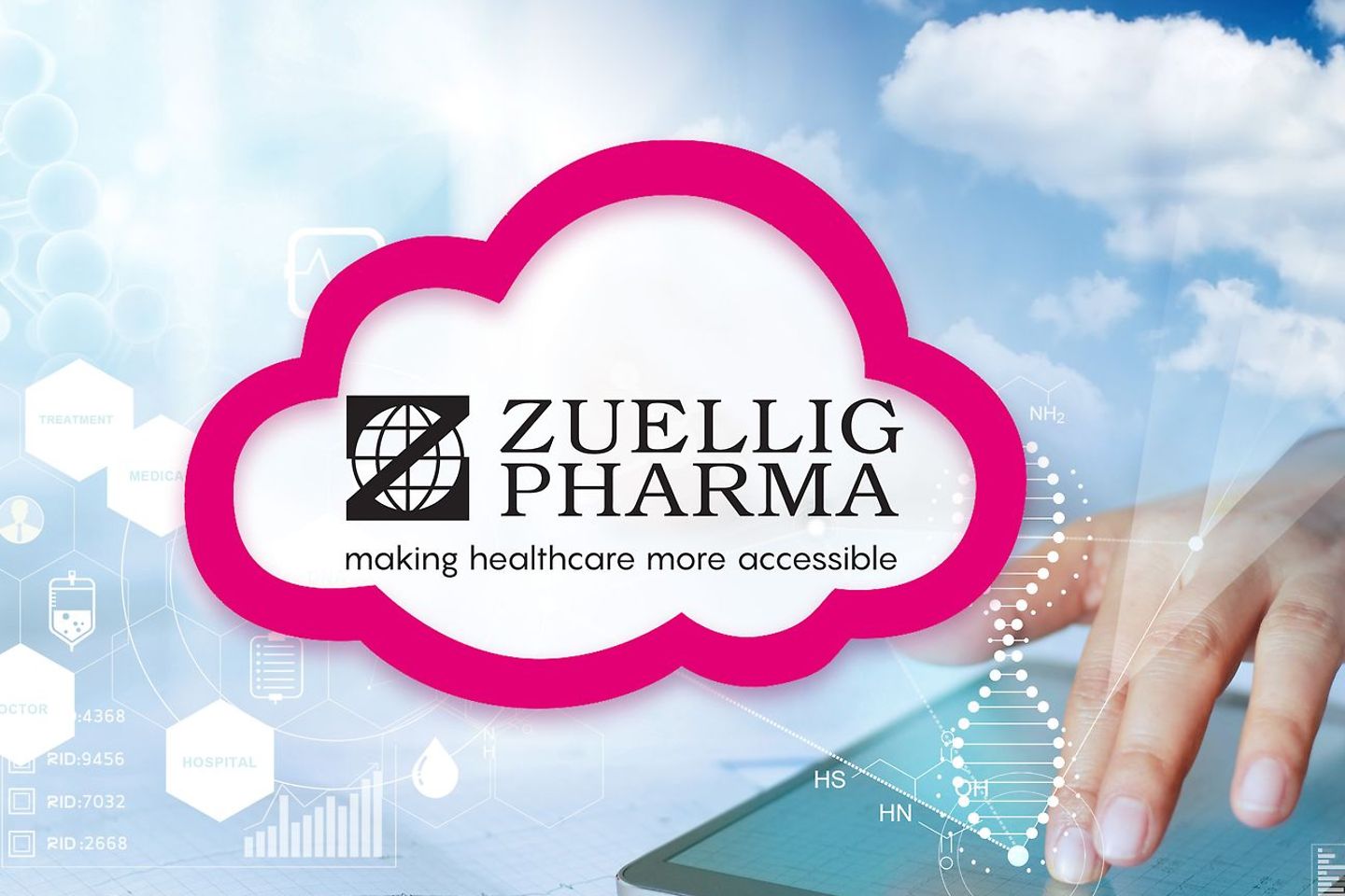 Logo of Zuellig Pharma in a magenta cloud, graphic pattern in the background