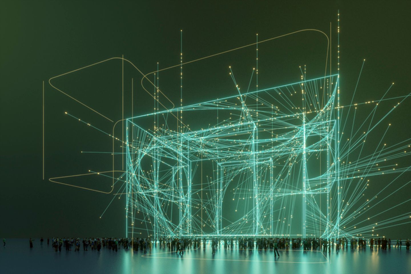 Virtual representation of jumbled lines above a crowd of people.