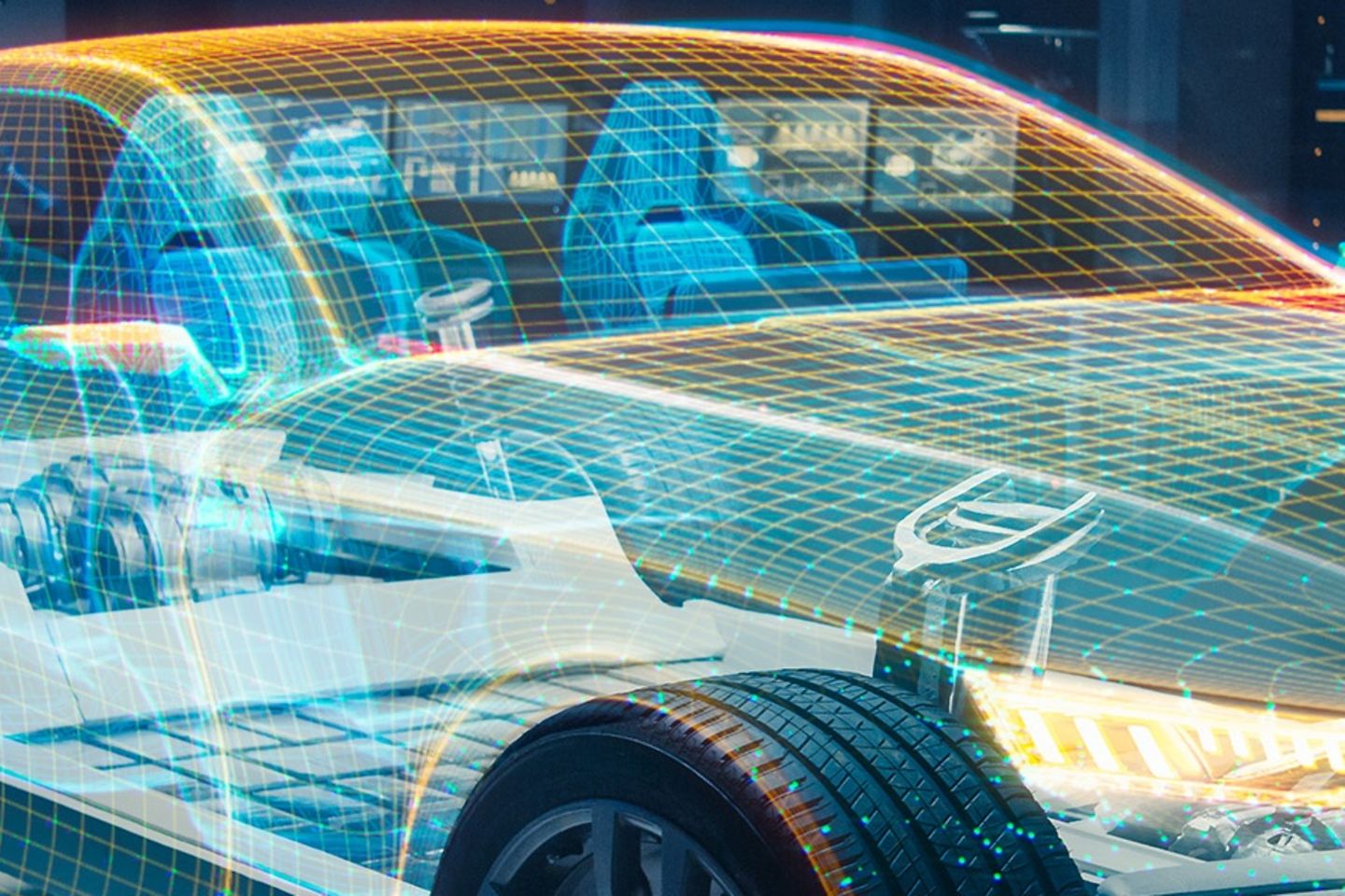 Hologramm von futuristischem Auto in Werkstatt.