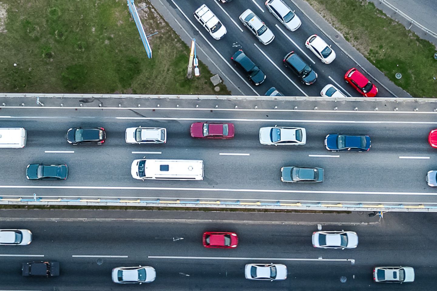 Motorway with many cars in bird's eye view