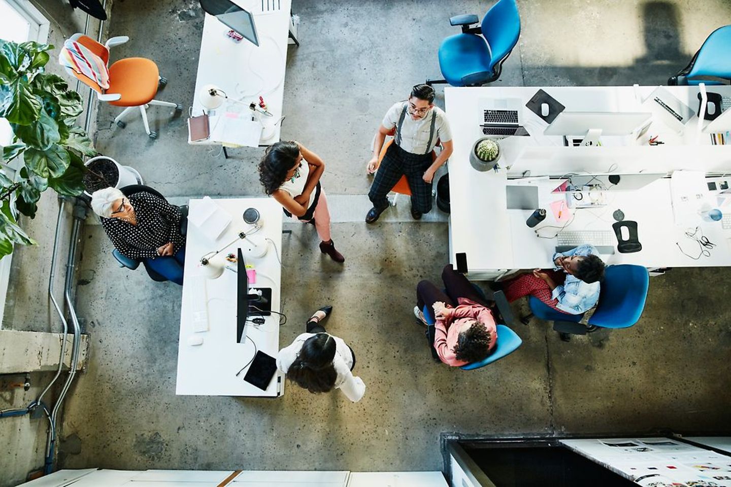 Several employees sit in the open-plan office and exchange ideas